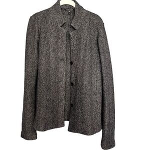 Eileen Fisher Blazer Jacket Wool Cotton Knit Herringbone Band Collar Gray M